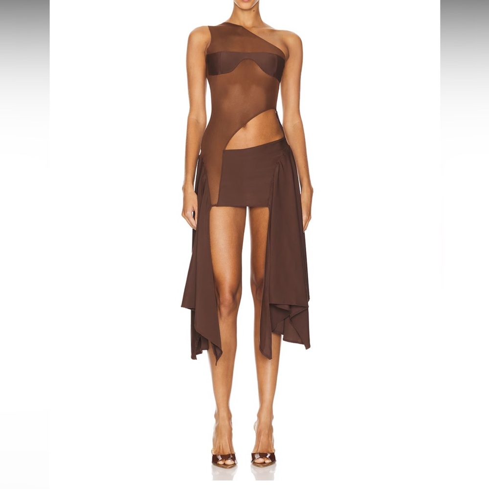 Asymmetric One-Shoulder Cutout Tricot Mesh Dress - Chocolate Brown